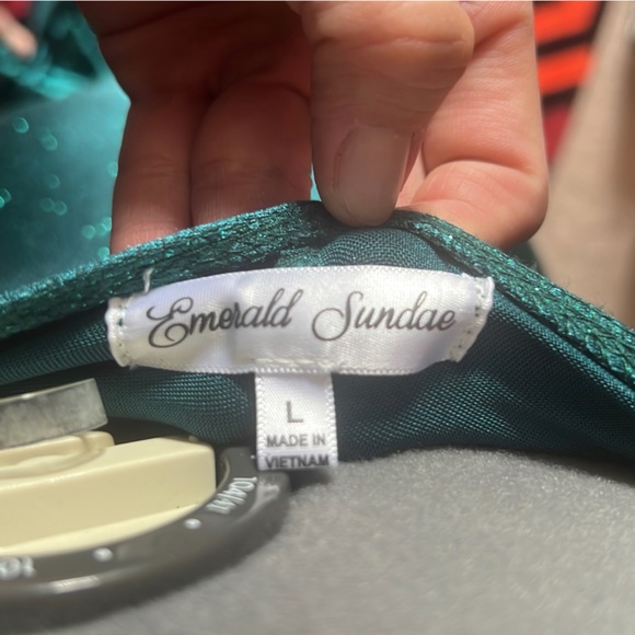 Emerald spaghetti strap thigh slit David’s bridal gown - Picture 3 of 6